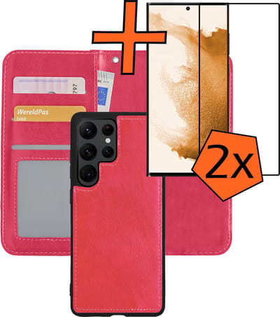 Hoes - 2 in 1 - Geschikt voor Samsung Galaxy S22 Ultra - Met 2x Screenprotector - En Uitneembare Hard Cover - Bookcase - Wallet Case - Met Pasjeshouder - Book Case - Uitneembaar - Pashouder - Kunstleer - Donkerroze