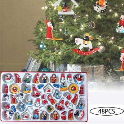 48 stuks Kerstboom Hanger Houten Handgemaakte Kerstboom Figuurtjes Decoraties Set black