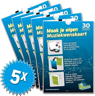 5x Muziekwenskaarten 30 seconden - zelf opneembaar - spreek je eigen boodschap in - wenskaart met geluid - muziekwenskaart.nl