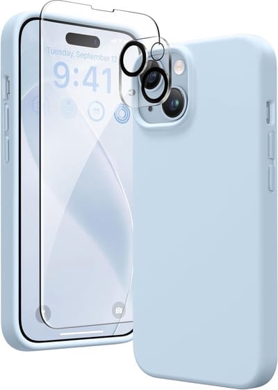 Stravo Siliconen Hoesje geschikt voor iPhone 15 , Lichtblauw, Met 1X Screenprotector + 1X Cameralensbeschermer, [Zachte Krasbestendige Microvezelvoering], Vloeibare Siliconen Schokbestendige Beschermende Telefoonhoes 6.1"