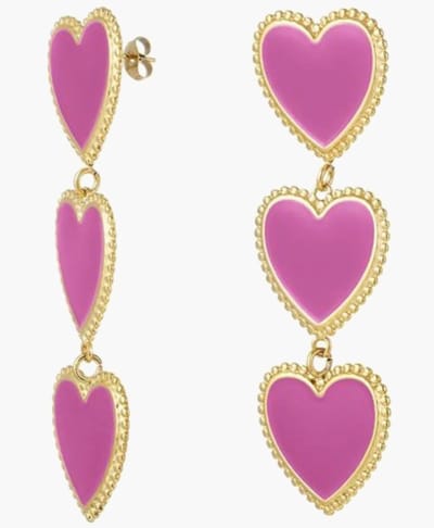 Joy Ibiza - hartjes oorbellen - roze emaille - 3 hartjes - vlinder sluiting - ear party boho - bohemian style - stainless steel - ip/pvd goldplated