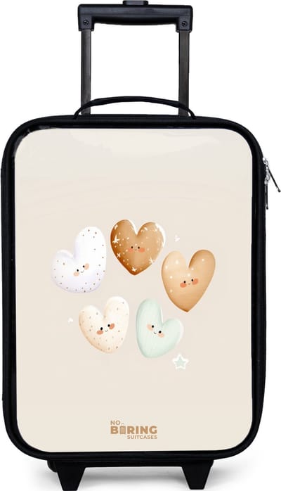 NoBoringSuitcases.com® - Kinderkoffer jongen - Kindertrolley meisje - Hartjes in zachte beige tinten - Koffer kind lichtgewicht - Reiskoffer trolley voor kinderen - Koffertje met lichtgevende wieltjes - Rolkoffer zwart