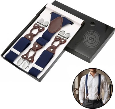 Sorprese - Luxe Chique Bretels - Donkerblauw - Donkerbruin Leer - 6 Stevige Clips - Bretels Heren Volwassenen - Inclusief Cadeaudoos