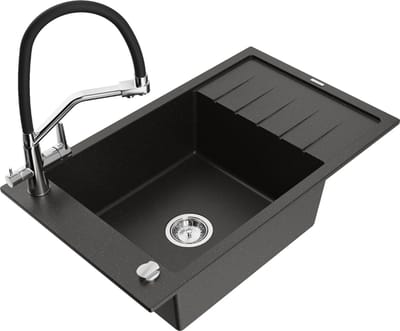 Mexen Elias granieten gootsteen met 1 bak, afdruiprek en keukenkraan Duo, zwart/goud metallic - 6511-75-671701-07