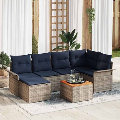 vidaXL - Tuinbank - Set - 7 - st - Grijs - en - Marineblauw - poly - rattan