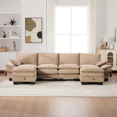 DESMIU Zitbank 330 cm - Modulaire 4-Zits Met 2 Hockers, USB-C En Zijvakken - Voor Woonkamer, Kantoor En Lounge - Corduroy - Khaki