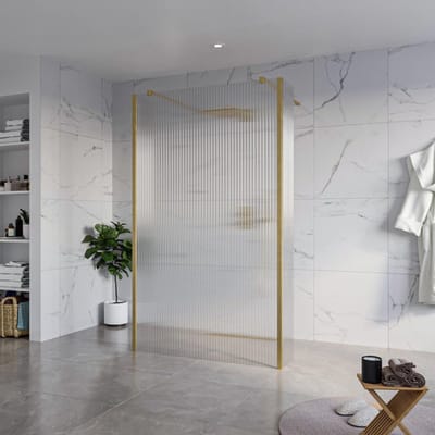FugaFlow Eccelente Vetro Vrijstaande inloopdouche badkamer - 120x200cm - Helder geribbeld - antikalk - 8mm veiligheidsglas - 2 zijwanden 30cm - met wandarmen en hoekprofielen - Messing geborsteld (goud) -