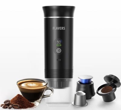 Flavers ® | Draagbare Koffiemachine | 2026 model | Draagbare Elektrische Espressomachine | Zwart | Koffiezet apparaat voor Onderweg | Capsules & Gemalen Koffie | Portable Espresso Machine | Cadeauset | koffiemaatje | Reis & Camping Koffiezetapparaat