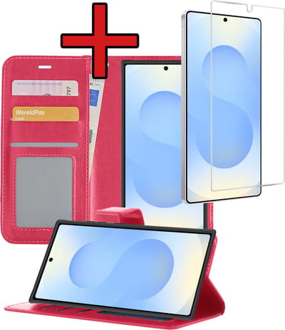 Hoesje - Met Screenprotector - Geschikt voor Samsung Galaxy S25 Ultra - Luxe Pasjeshouder - Flipcase - Bookcase Portemonee - Flip Case - Kunstleer Book Case - Book Cover - Walletcase - Portemonneehoes - Telefoonhoes - Donkerroze