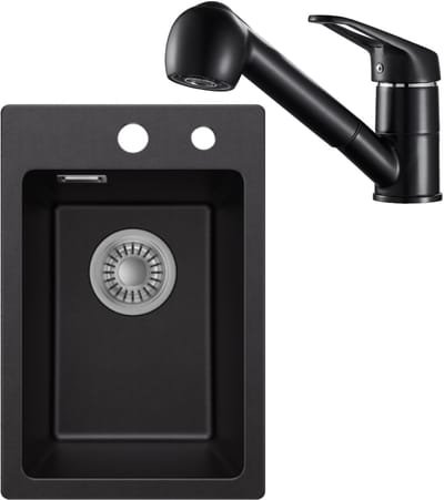 CECIPA max Spoelbak voor keuken 30x45cm - Granieten Spoelbakken Met keukenkraan - Enkele spoelbak Zwart - Wasbak met waterafvoersysteem