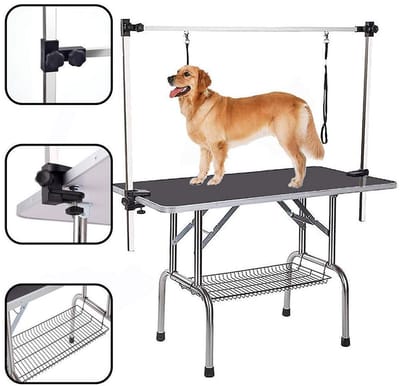 Pugsdrly Professionele opvouwbare tafel voor hondentrimmen met verstelbare arm, robuust transport, steun voor arm en riem, netblad en rubberen mat