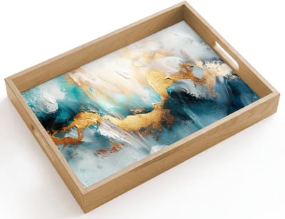 Dienblad hout 40x30 cm - Schootdienblad - Abstract - Kunst - Gold - Blauw - Borrelplank rechthoek - Plateau dienbladen