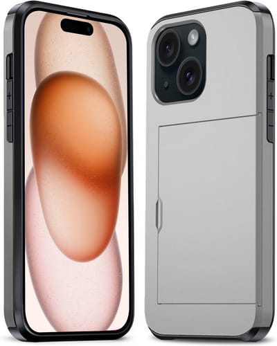 Hoesje Geschikt voor iPhone 15 Hoesje Pasjeshouder Shockproof Hard Case - Hoesje Geschikt voor iPhone 15 Hoes Met Kaarthouder - Grijs