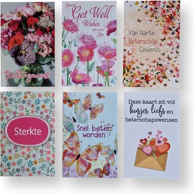 6 Cards & Crafts Beterschap / We denken aan je Wenskaarten | 12x17cm gevouwen kaarten zonder tekst Inclusief enveloppen