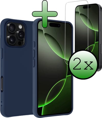 Hoesje Met 2x Screenprotector - Geschikt voor Apple iPhone 16 Pro - Sterk & Shockproof - Back Cover - Siliconen Case - Telefoon Hoes - Donkerblauw