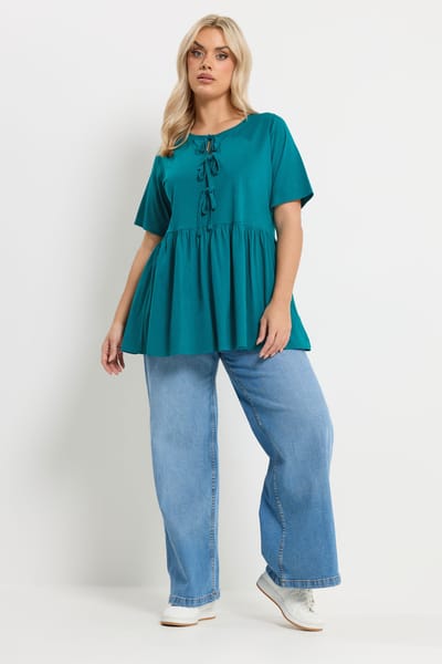 Yours Blauwgroene Peplumtop Met Strik Size 42
