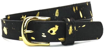 Mooie echt lederen Riem met koeienhuid koe-zwart-goud print - 3cm breed maat 85 - Totale lengte 100 cm - goudkleurige gesp