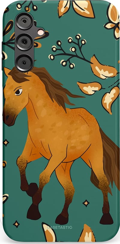 Casetastic Hoesje Geschikt voor Samsung A14 (5G/4G) - Stijlvolle Beschermende Duo-layer Case - Groene bruine Paarden elegantie - Paris