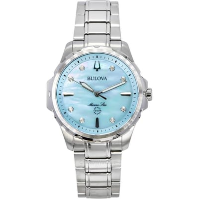 Bulova Marine Star Diamantaccenten Roestvrij Staal Blauwe Parelmoer Wijzerplaat Quartz 96P248 100 Dameshorloge parelmoer kleur