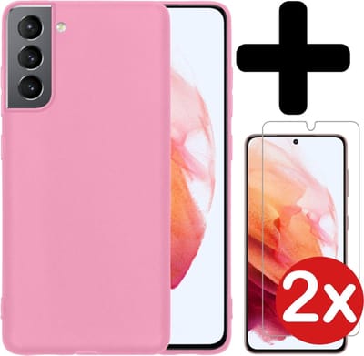 Hoesje - Met 2x Screenprotector - Geschikt voor Samsung Galaxy S21 - Sterk & Shockproof - Telefoon Hoes - Back Cover - Siliconen Case - Telefoonhoes - Lichtroze