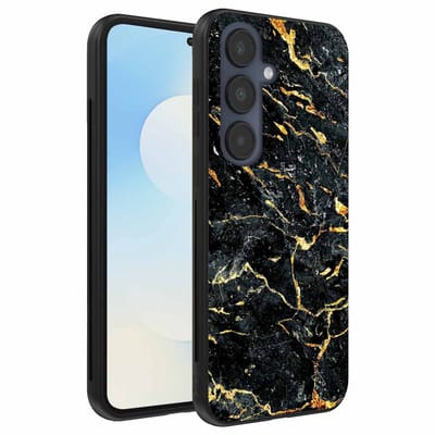 Geschikt voor Samsung Galaxy S25 FE Telefoonhoesje met Zwart Goud Marmer Opdruk - TPU Backcover Case Black Gold Marble Design - Zwart Goud - Smartphonica geschikt voor Samsung Galaxy S25 FE