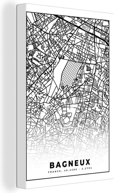 Canvas Schilderij Stadskaart - Plattegrond - Kaart - Frankrijk - Bagneux - Zwart wit - 20x30 cm - Wanddecoratie