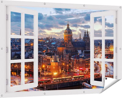 Gards Tuinposter Doorkijk Amsterdam Centrum Luchtfoto Zonsondergang - 150x100 cm - Tuindoek - Tuindecoratie - Wanddecoratie buiten - Tuinschilderij