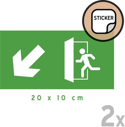 Pictogram/ stickers (2x) | 20 x 10 cm | Nooduitgang - Pijl naar linksonder | Vluchtroute | Noodgeval | Brandweg | Noodsituatie | Nooddeur | Brandweer | Wettelijk verplicht | Universeel | Zonder taal | 2 stuks