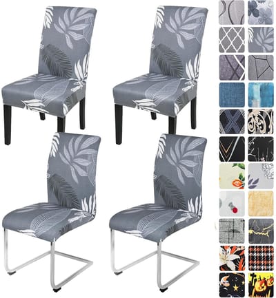 Stretch stoelhoezen, set van 4/6, grijs, schommelstoel, elastische hoezen, afneembaar, wasbare stoelen, bescherming voor eetkamer, restaurant, hotel, banket, bruiloft (grijze bladeren, 4