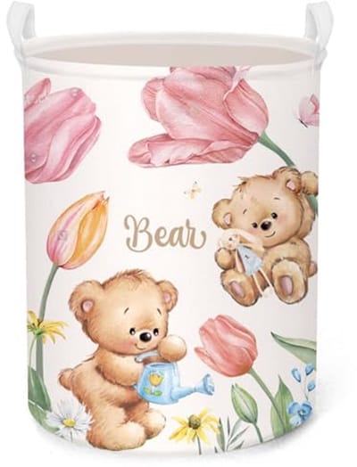 Roze teddybeer wasmand voor kinderkamer - 45 liter inklapbare opbergmand met deksel