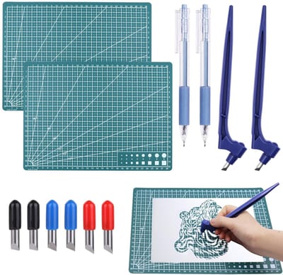 Dailygoods- Snijgereedschap 360 Graden Set - 2 Snijgereedschappen - 6 Reservemesjes (15°/30°/45°) - 2 Snijmatten - 2 Scalpel Knutselen - Roestvrij Staal en Kunststof - Knutselgereedschap