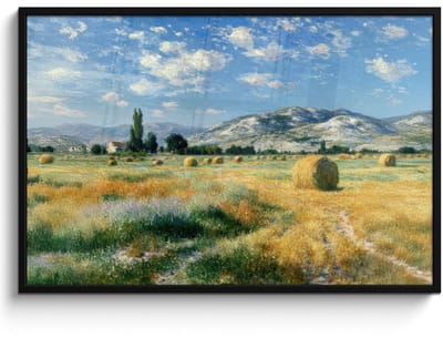 Poster in lijst - Fotolijst 120x80 cm - Posters - Landschap - Strobalen - Bergen - Wolken - Posterlijst zwart - Decoratie - Wanddecoratie woonkamer - Muurdecoratie slaapkamer