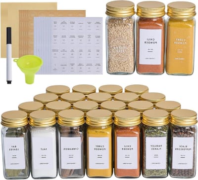 Glazen Kruidenpotten - Specerijen Potjes - Keuken Organiseren - Met 576 Identificatie Etiketten - 36 Stuks 4 oz - Goud