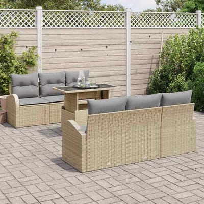 vidaXL Tuinbank Set met kussen met opslag 7 pcs Beige Poly Riet
