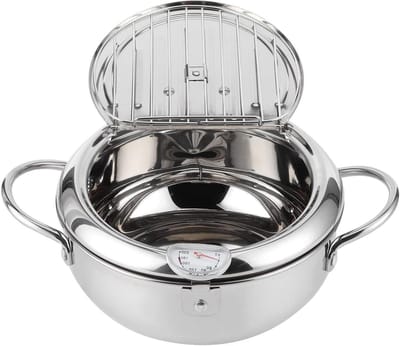 Kleine Friteuse - Japanse Pan - Frituren Thuis - Met Thermometer - 27 x 26 x 12 cm - Zilver
