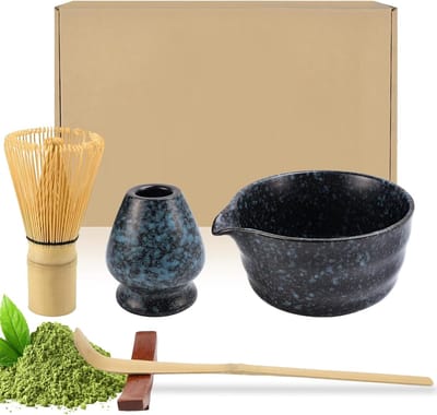 Famanu Matcha bezem 5-delige set, matcha-garde, matcha-lepel, matcha kom met tuit, matcha whisk, keramische matcha theeset (zwart met blauw)