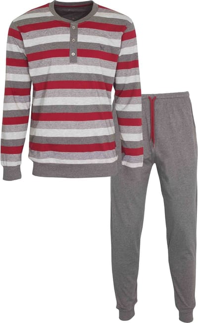 MEQ Heren Pyjama - Polo Sluiting - Gestreept - Grijs - Maat S