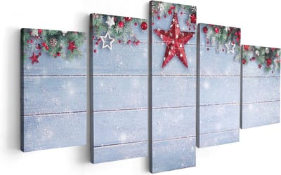 Artaza Canvas Schilderij Vijfluik Kerst Achtergrond Met Sneeuw Op Tafel - 100x50 cm - Wanddecoratie Woonkamer - Schilderijen - Muurdecoratie