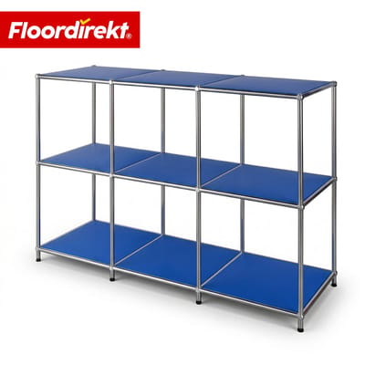 FLOORDIREKT Metalen Rek Concept Epure MK-018 - Open staand rek met 3 planken - Sideboard & lowboard van metaal - 116 x 40 x 82 cm - Blauw - Modern design - Voor woonkamer, kantoor & hal - Stevig en veelzijdig - Verkrijgbaar in verschillende kleuren