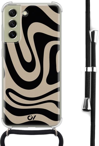 Telefoonhoesje met koord geschikt voor Samsung S21 FE - Abstract Black Waves - Inclusief koord - Transparant, Zwart - - Crossbody beschermhoes - Met Telefoonketting