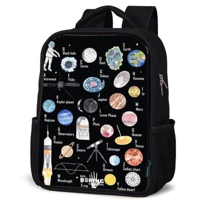 NoBoringSuitcases.com® - Rugzak zwart - Schooltas jongen & meisje - Alfabet in ruimte thema - Rugtas voor school - Boekentas kind - Schoolrugzak - Kinderrugzak