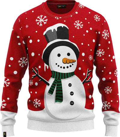 JAP Christmas Kersttrui voor kinderen (maat 98/104) - 100% Gerecycled - Kriebelt niet - Kerstcadeau - Foute Kersttrui jongens en meisjes (4/5 jaar) - Sneeuwpop - Rood