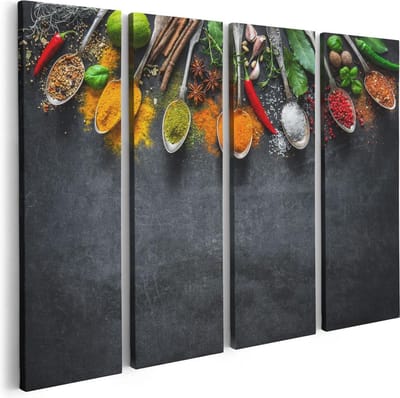 Artaza Canvas Schilderij Vierluik Kruiden En Specerijen Op Een Zwarte Plaat - 80x60 - Foto Op Canvas - Canvas Print