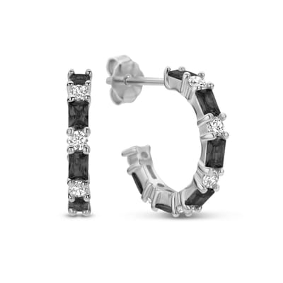 New Bling 9NB-1036 Zilveren Halve Oorringen met zirkonia 15 mm - 2 mm Breed - Zwart - Pouchette - Rhodium - Zilver