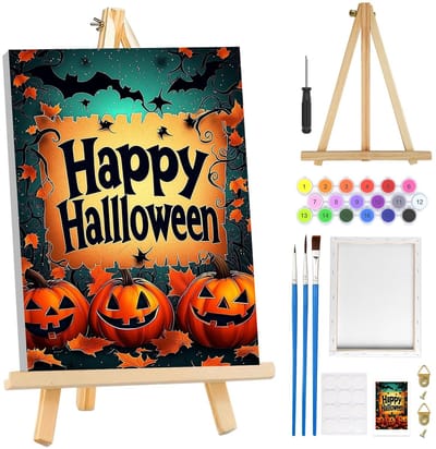 Cosensi- Schilderen op Nummer Halloween - Schilderen op Nummer Volwassenen - Canvas Set - Houten Ezel - Doe-Het-Zelf Olieverfschilderij - Inclusief Penselen - Doe-het-zelf Schilderij