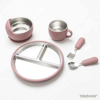RVS Baby Bord - Kinderbord - TENZHVXI® - Veilig 304 Rvs En Bpa Vrij Siliconen - Vaatwasserbestendig Anti Mors Ontwerp - 5 Delige Set Met Lepel En Vork - Voor Peuters Bij Speelstoel
