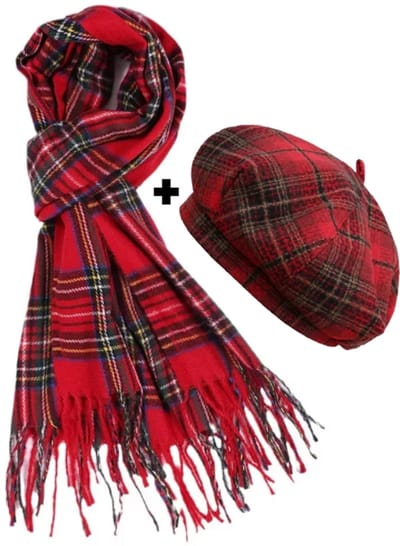 Winterset voor Dames – Warme Tartan Geruite Sjaal & Rode Krantenjongenspet – Schotse Stijl Wikkelsjaal + Retro Baret Hoed (56–58 cm) – Herfst/Winter Mode Cadeau Idee