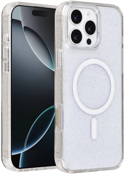 Backcover Hoesje Geschikt voor: iPhone 16 Pro Max - MagSafe Compatibel – Transparant Glitter Design – Krasbestendig – Slanke Bescherming met Perfecte Pasvorm - Transparant