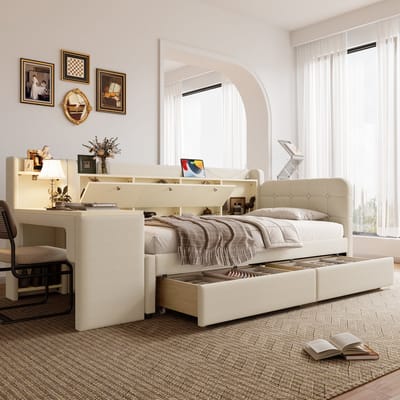 Slaapbank 90x200 cm - met 2 lades - bureau - met USB Type-C - opklapbaar opbergvak - zonder matras - beige