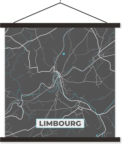 Posterhanger incl. Poster 60x60 cm - Schoolplaat - België – Limbourg – Stadskaart – Kaart – Blauw – Plattegrond - Textielposter - Zwarte latten - Stadskaart